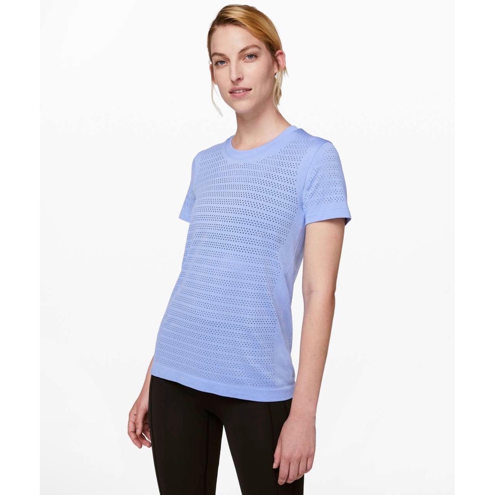 Lululemon Breeze By Short Sleeve Women 4 Blue Excellent Mesh Vent Workout